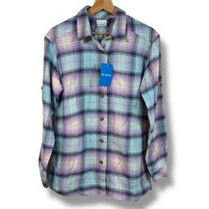NWT COLUMBIA 'Holly Hideaway' 100% Cotton Purple/Blue Plaid Flannel Shirt